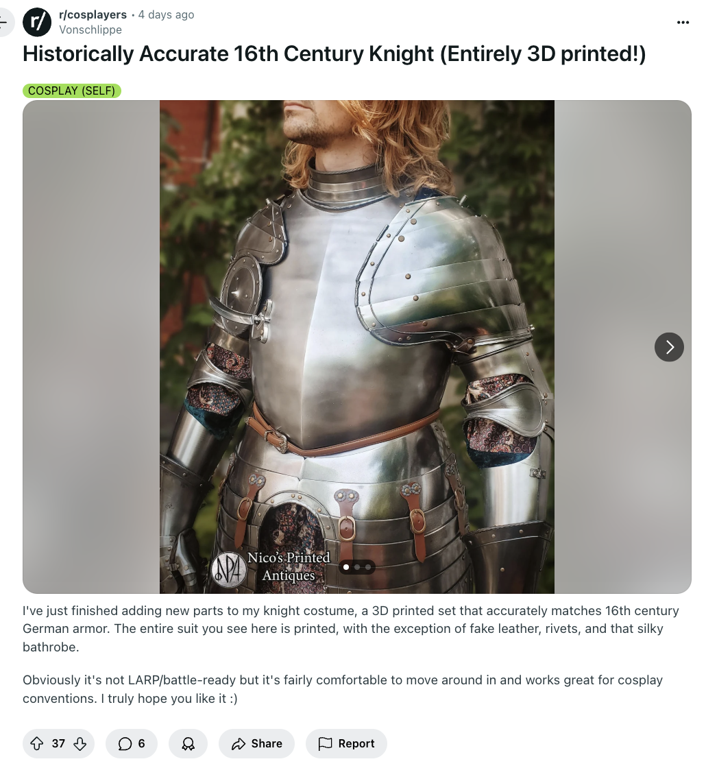 3D printed armor posted in r/3Dprinting