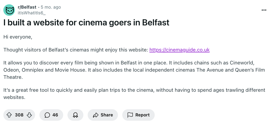 How to Promote a Local Cinema Recommendations App on Reddit Organically