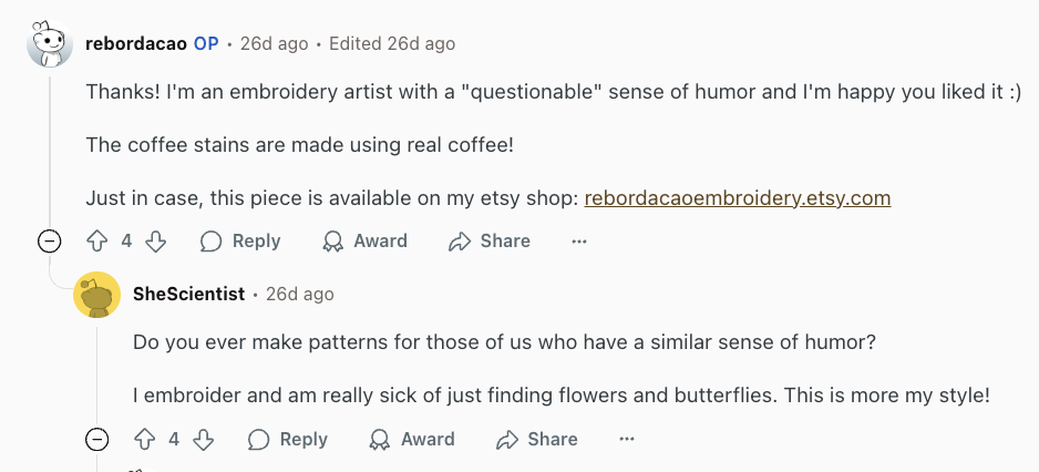 Humorous coffee embroidery posted in r/espresso