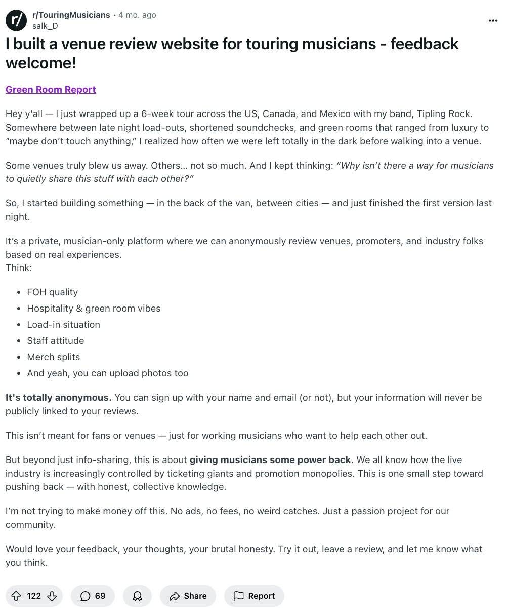How to Promote a Review-Based Side Project for Musicians on Reddit Organically