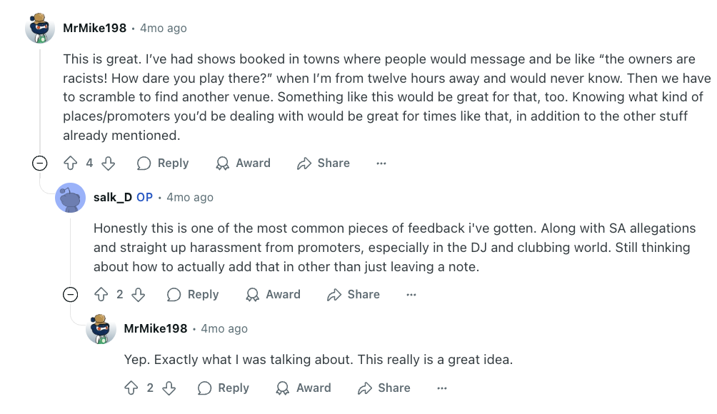 Screenshot of musician venue review project post