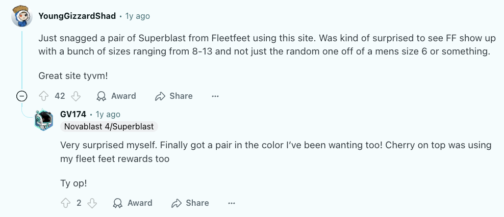 Running shoe price comparison site post on Reddit