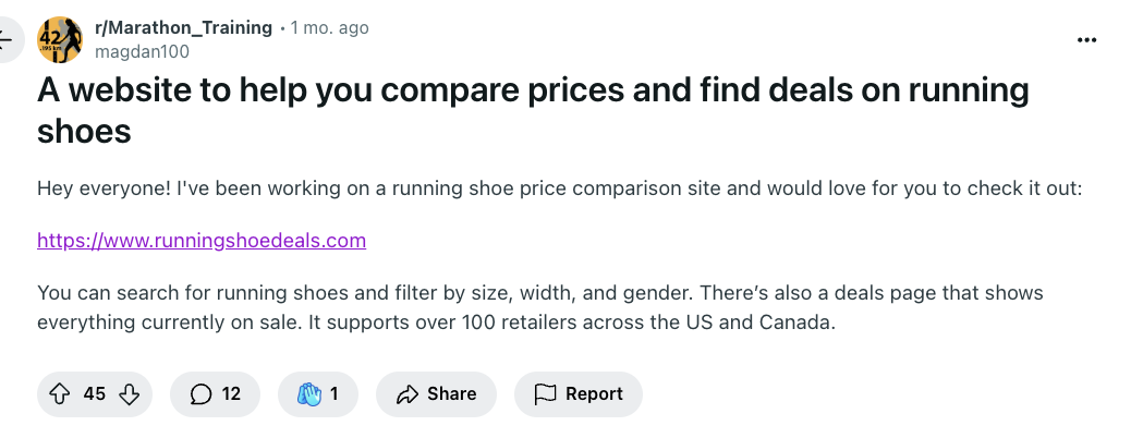 Running shoe price comparison site post on Reddit