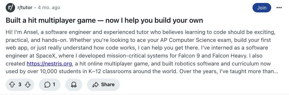 Tetris side project promotion on Reddit